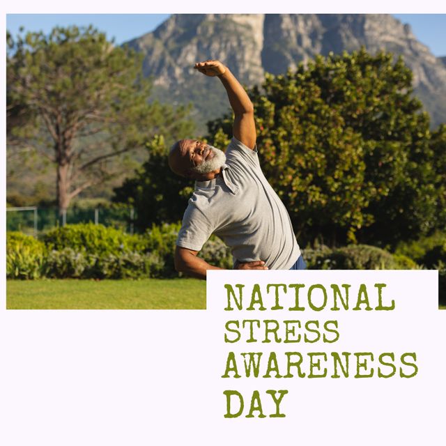 Composition of national stress awareness day text over senior african american man practicing yoga. National stress awareness day and celebration concept digitally generated image.