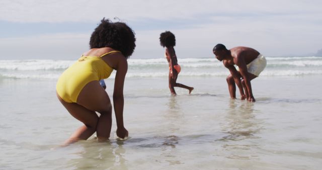 Family members are enjoying a playful day at the beach by the ocean's shore. Great for depicting family bonding moments, vacationing at the beach, outdoor fun, and warm weather activities.