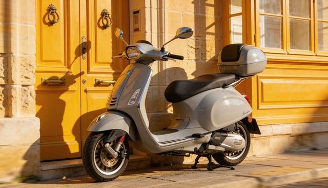 Sunlit silver scooter parking by vibrant yellow doorway during golden hour on urban street
