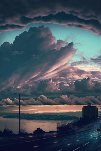 Landscape of blue sky and clouds over coast and roads, using generative ai technology. Landscape, sky and view concept digitally generated image.