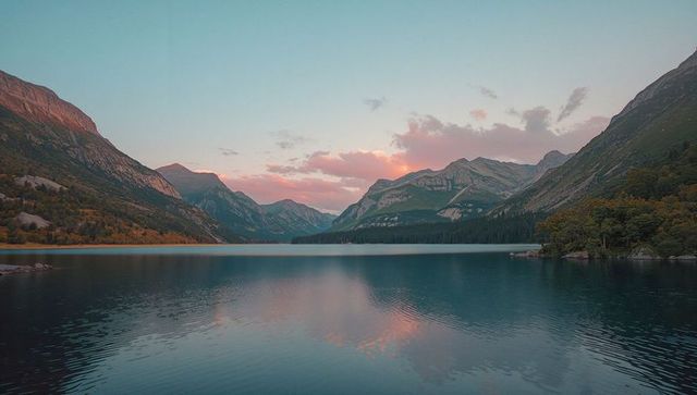 Tranquil alpine lake reflecting pastel sunset