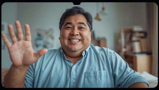 Smiling Asian man waving in cozy home office friendly video call, warm welcoming portrait