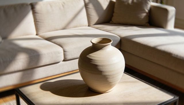 Neutral ceramic vase casting round shadow on minimalist living room coffee table