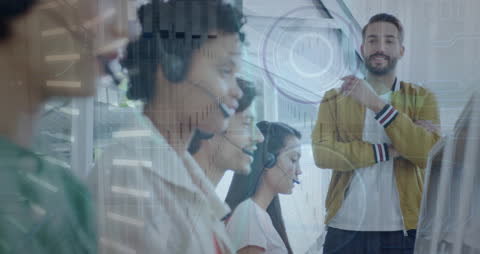 Diverse Customer Service Team with Data Overlay