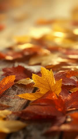 Shifting Focus Over Golden Maple Leaves on Weathered Deck Vertical Autumn Cinematic Loop