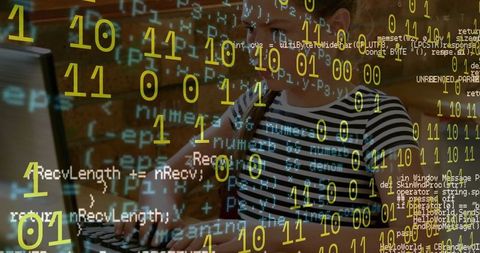binary code overlay on student using laptop for computer science - Download Free Stock Images Pikwizard.com