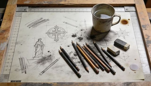 Studio sketching workstation with graphite pencils, eraser smudges and tin cup