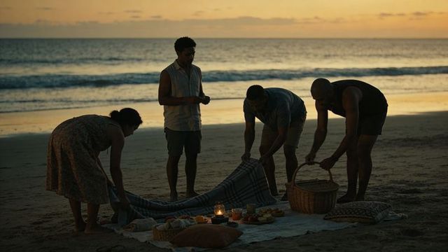 Friends preparing sunset beach picnic with blanket, basket and lantern for evening gathering