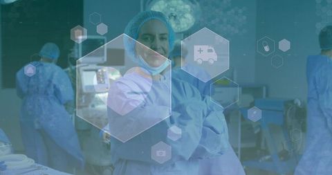 Surgeon standing in sterile operating room wearing gown and cap with medical hud overlay