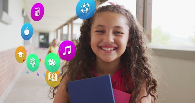 A cheerful girl with curly hair is smiling while holding textbooks in a school corridor, surrounded by colorful educational icons such as a soccer ball, a music note, an apple, and a graduation cap. This is ideal for promoting educational programs, back-to-school campaigns, or child-friendly academic services. It conveys happiness, learning, and school life.