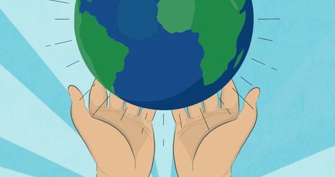 Illustrated hands holding earth for global awareness