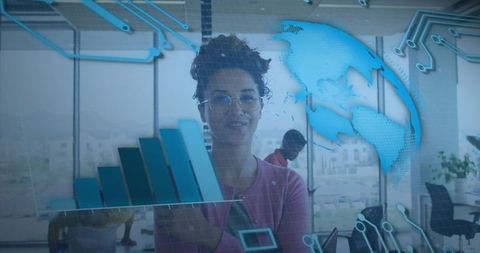 Businesswoman Presenting Futuristic Augmented Reality Data Dashboard with Rising Bar Chart