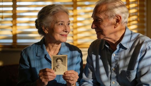 Senior couple holding vintage portrait sharing tender memory on sunlit living room couch