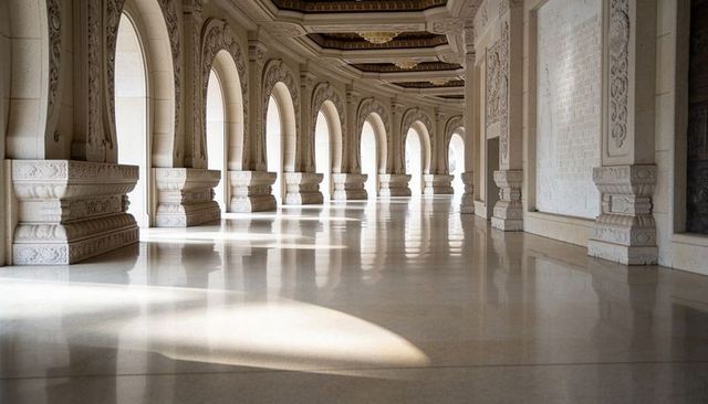 Sunlit marble arcade with ornate arches and reflective polished floor in palace gallery