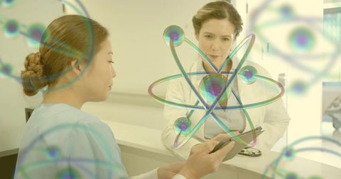 Medical Team Analyzing 3D Atomic Data on Tablet in Clinical Lab for Diagnostic Innovation