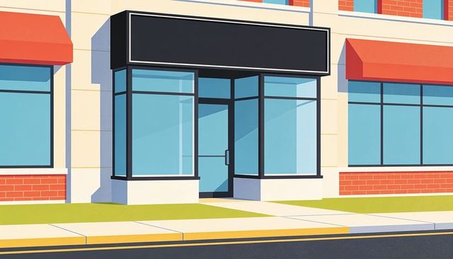 Vacant retail storefront showcasing blank black sign and blue-tinted display windows