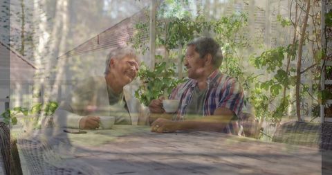 Senior Couple Enjoying Coffee and Conversation on Garden Patio