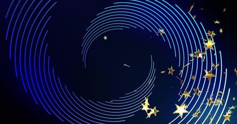 Spiraling neon-blue arcs merging with metallic gold stars and confetti on deep navy gradient