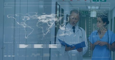 Doctor Discussing Medical Charts with Nurse and Digital Hologram Overlay
