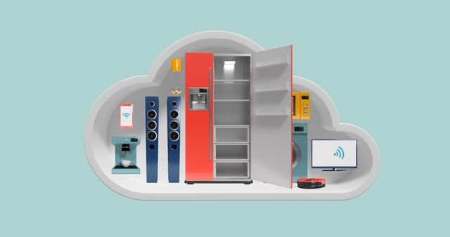 Home appliances in cloud shape for internet of things against turquoise background