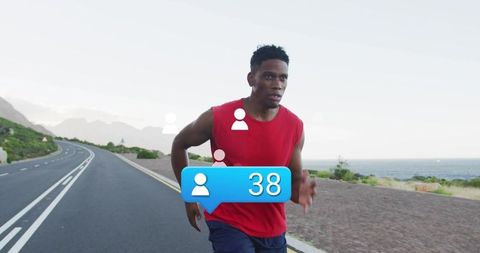 Running along coastal road with social follower notification bubble showing 38