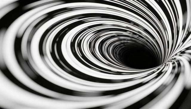 Spiraling glossy black-and-white vortex with concentric rings and hypnotic depth