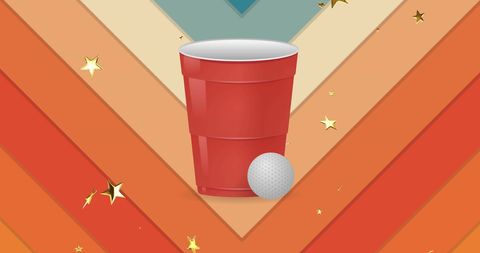 Red cup and ball on vivid retro pattern with gold stars