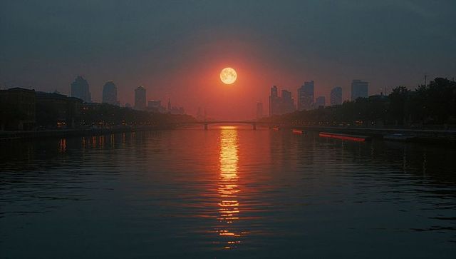 Orange full moon rising over city skyline reflecting on river