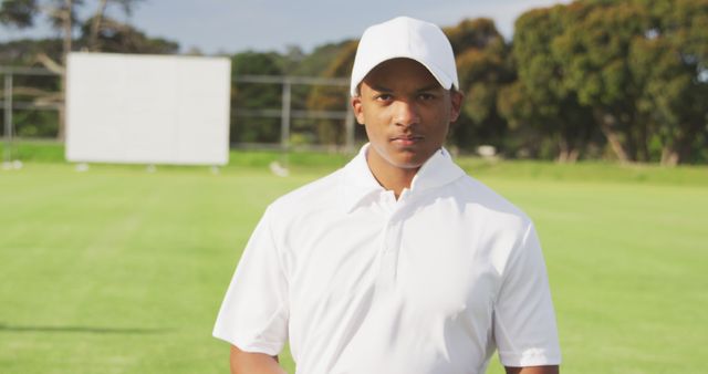 Portrait of biracial male cricket player wearing cap on field. Cricket, sports, match and active lifestyle, unaltered.