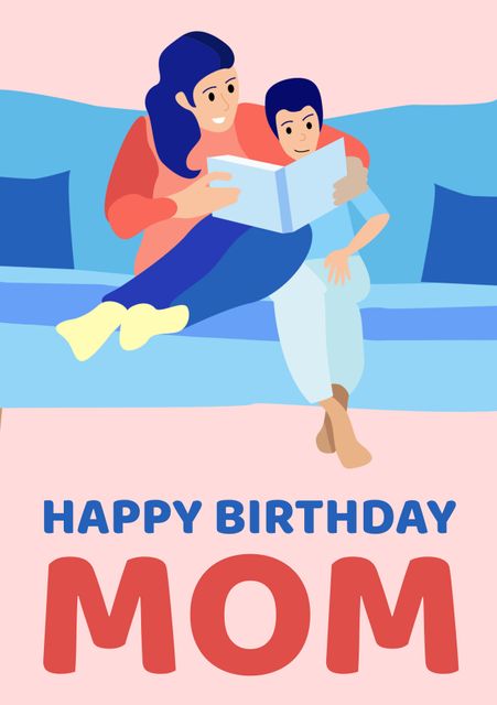 This cheerful greeting card features a mother and son sitting together on a couch, enjoying some quality time reading a book. The background has pastel colors, creating a friendly and warm atmosphere. Ideal for celebrating Mother's Day, birthdays, family gatherings, or special occasions, expressing love and appreciation for mothers. The illustration can be used in e-cards, printed cards, social media posts, and other designs requiring a family theme.