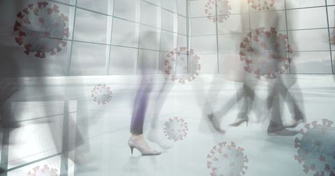 People commuting in office with virus graphics representing health risks