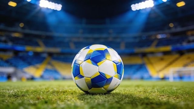 Resting soccer ball on floodlit stadium pitch with blue and yellow seating, match-ready close-up