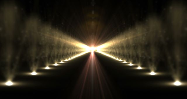 Abstract scene features symmetrical beams of light forming a tunnel-like structure with a bright glowing focal point. Ideal for use in technological backgrounds, sci-fi concepts, and energy-related visual projects.
