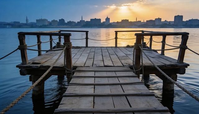 Weathered wooden dock leading over calm water toward urban skyline at golden sunrise