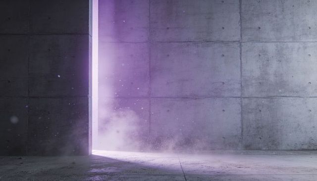 Narrow purple light casting mist across concrete chamber with backlit vertical opening