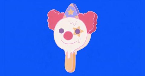 Whimsical clown popsicle melting against blue background