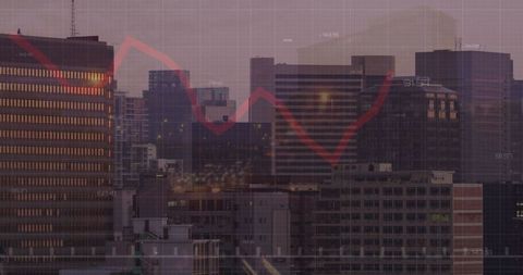 City Skyline Overlaid with Dropping Financial Graph