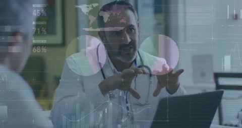 Doctor Discussing Healthcare Analytics with Animated Data Overlays