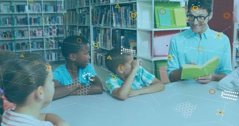 Teacher reading to diverse students with digital financial overlay