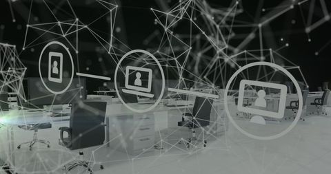 Transparent Cybersecurity Icons in Modern Office with Abstract Network - Download Free Stock Images Pikwizard.com