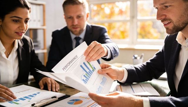 Multicultural business team analyzing performance reports and charts in bright boardroom meeting