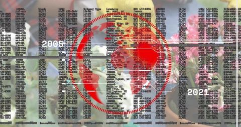 Crimson Data Globe Intersecting Timeline 2005–2021 Over Florist Counter with Glitch Code Overlay
