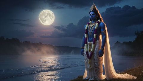 Graceful krishna, blue-skinned deity by riverbank under full moon