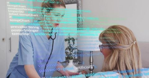 Nurse leaning and listening to senior with stethoscope, home care with digital code overlay