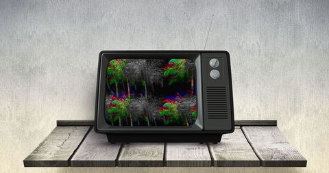 Vintage Television Showing Vibrant Tropical Scene on Wooden Table - Download Free Stock Images Pikwizard.com