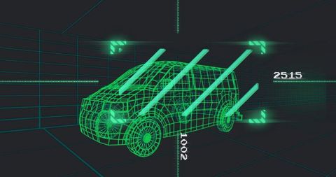 Futuristic 3D Wireframe Passenger Van in Virtual Grid System