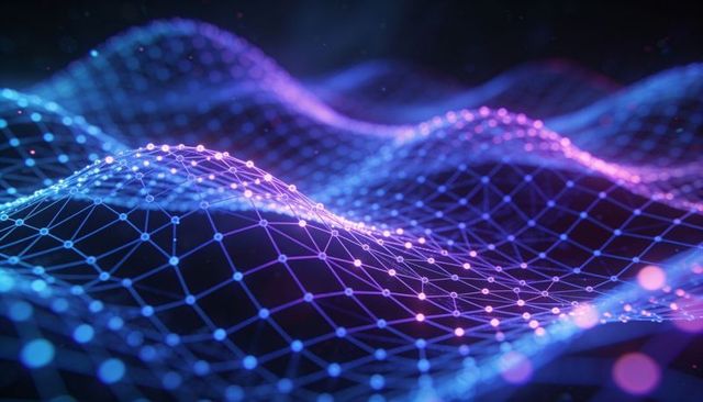 Rippling neon wireframe network surfing digital data waves with glowing nodes