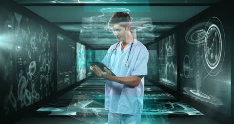 Caucasian Male Doctor Analyzing Digital Interface on Tablet