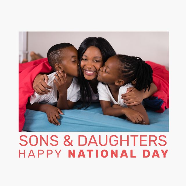 This image captures a heartwarming moment as two African American children kiss their happy mother, celebrating National Day. Perfect for illustrating family bonding, parental love, and National Day celebrations. Ideal for use in articles, blog posts, social media, and promotional materials focused on family, holidays, and celebrations.
