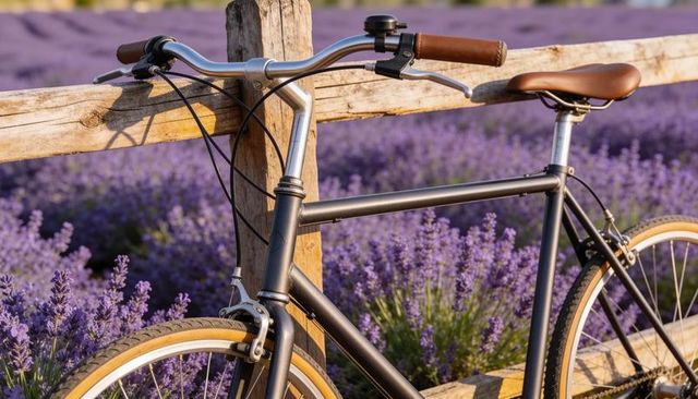 Vintage city bicycle leaning on wooden fence in sunlit lavender field with leather saddle